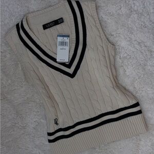 Brand NEW Ralph Lauren Ivory Cable-Knit V-Neck Sweater Vest with Black - XXS